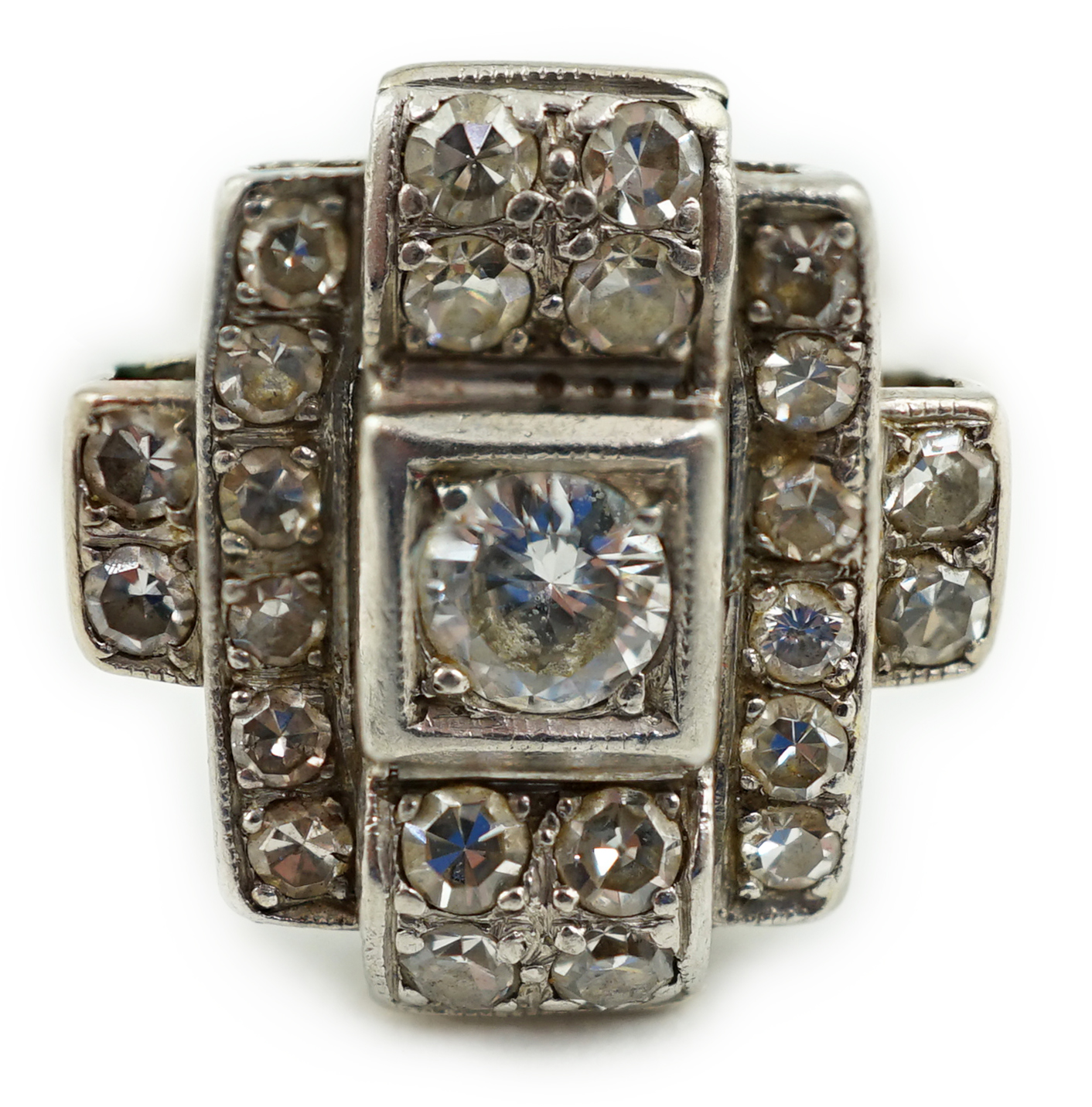 An Art Deco 18k white gold and diamond cluster set ring